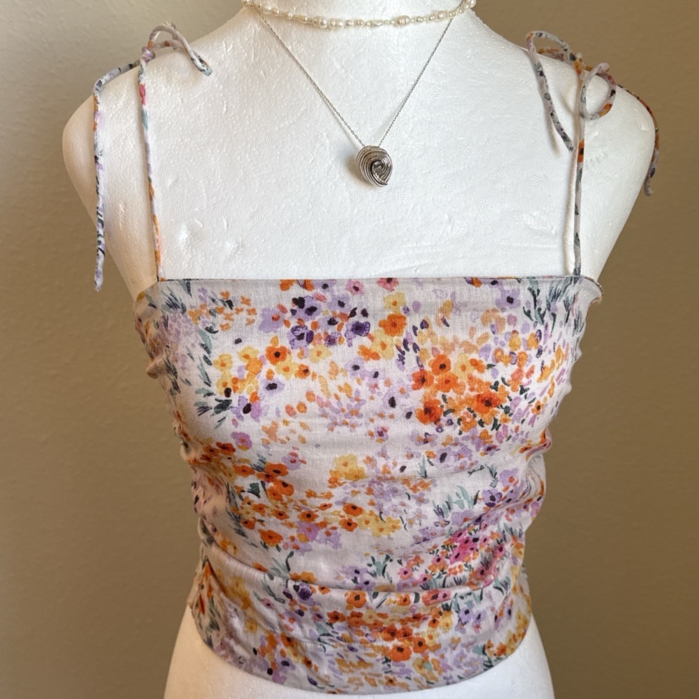 H&M 100% Linen Fitted Tie Shoulder Top Feminine Coquette Dainty Floral Boho - Picture 2 of 7